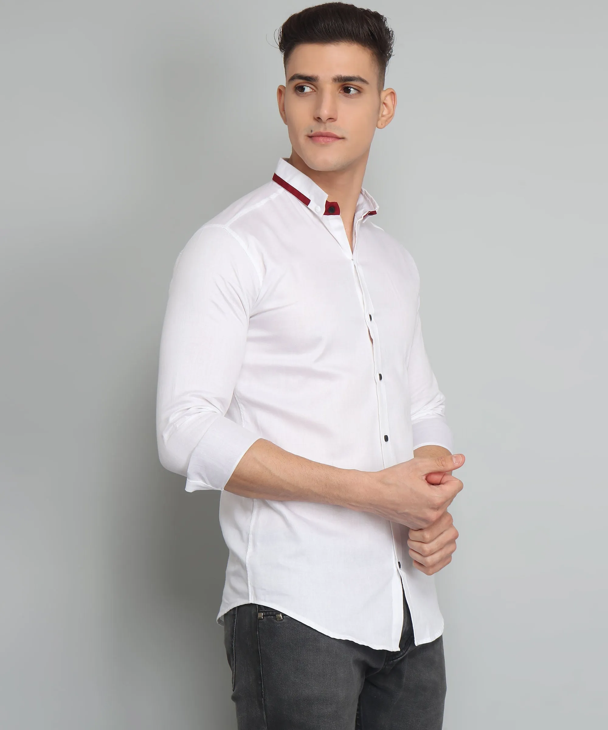 Rough Premium White Solid Casual Cotton Button-Up Shirt For Men