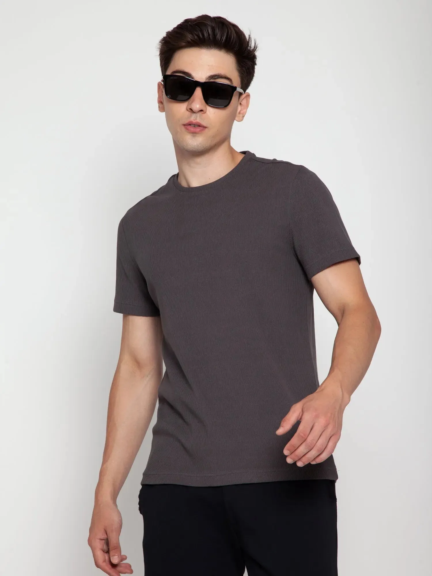 Shadow Grey Ribbed Round Neck Tee