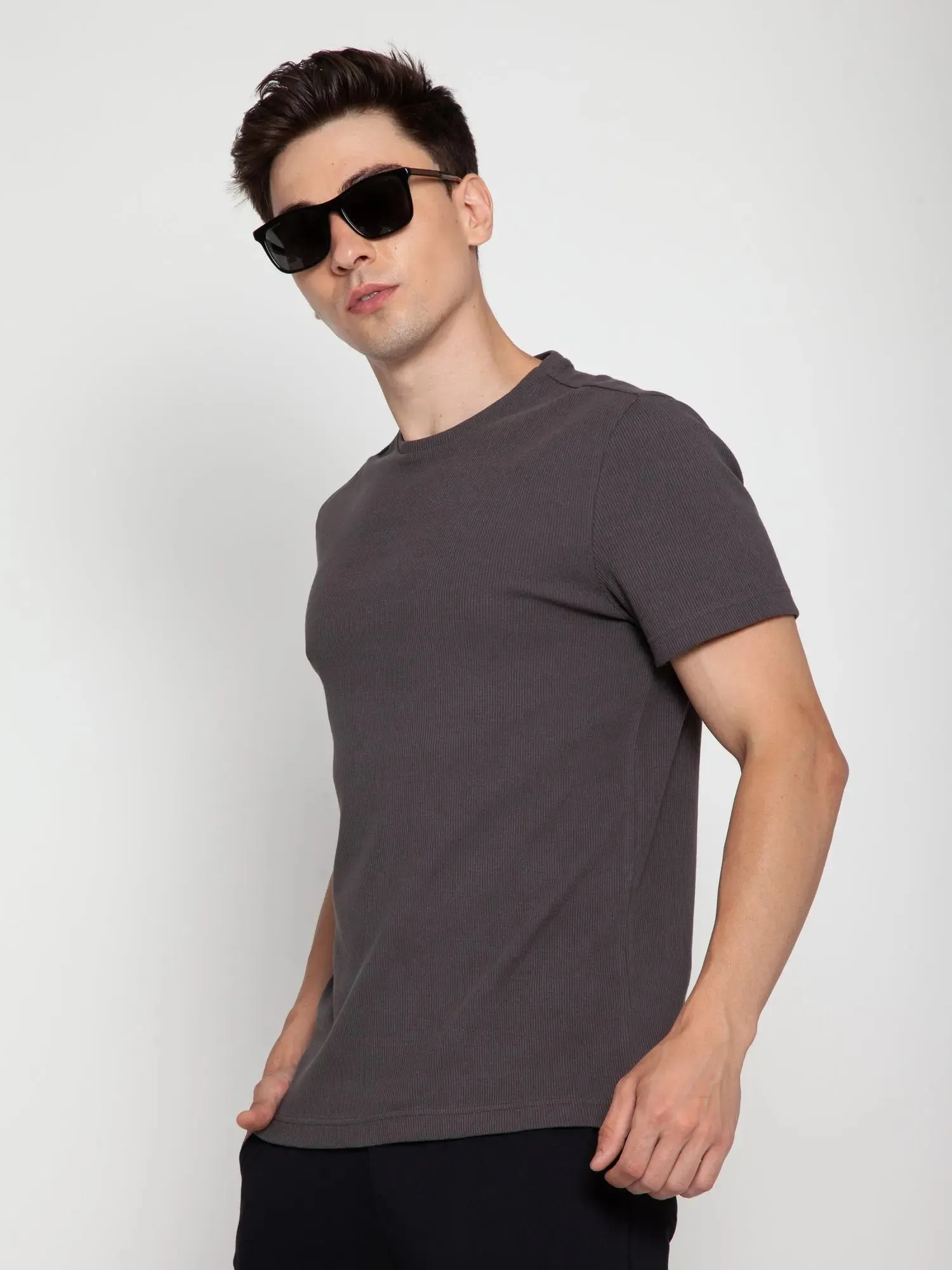 Shadow Grey Ribbed Round Neck Tee