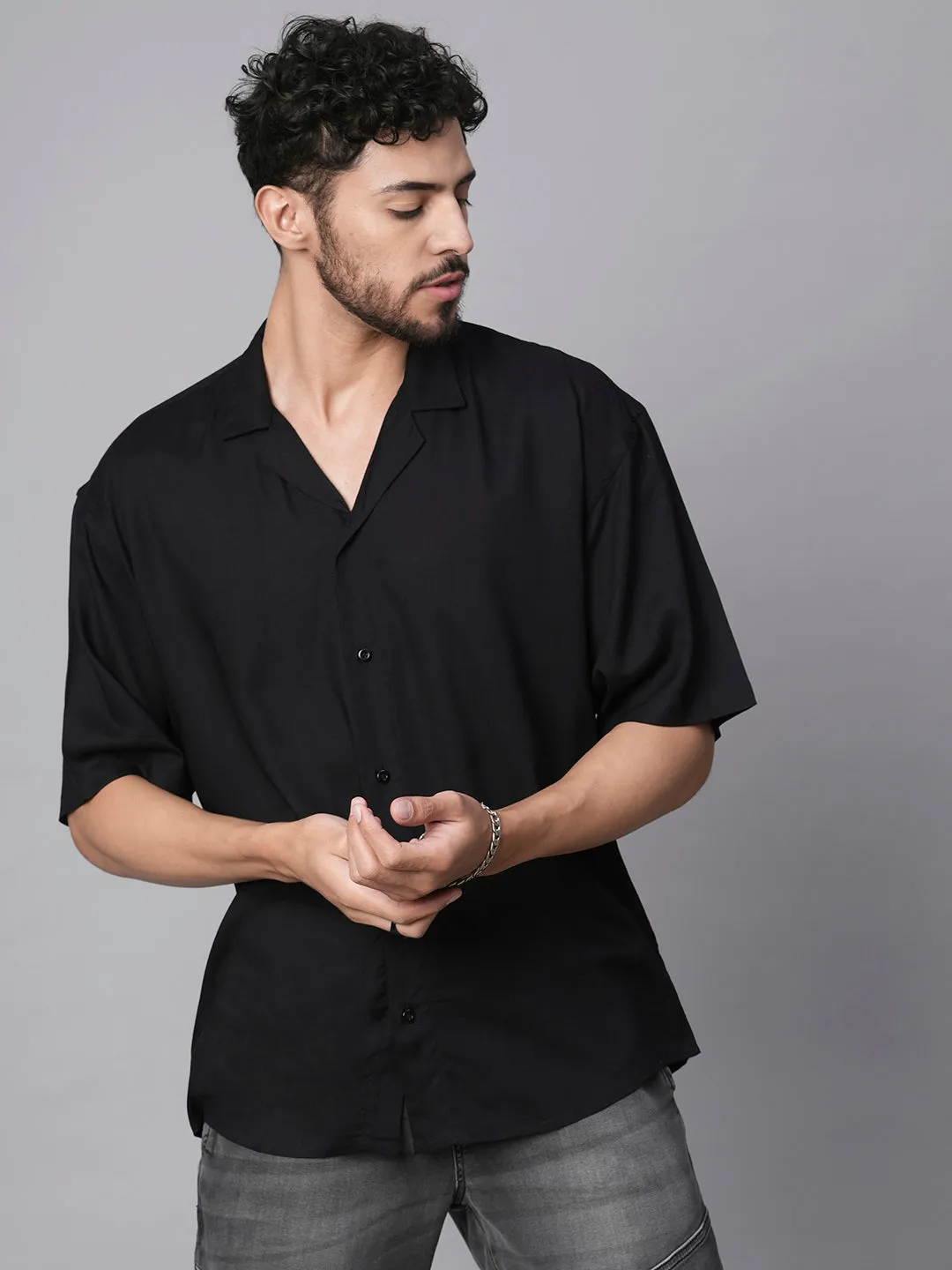 Solid Mens Fluidic Oversized Shirt - Black