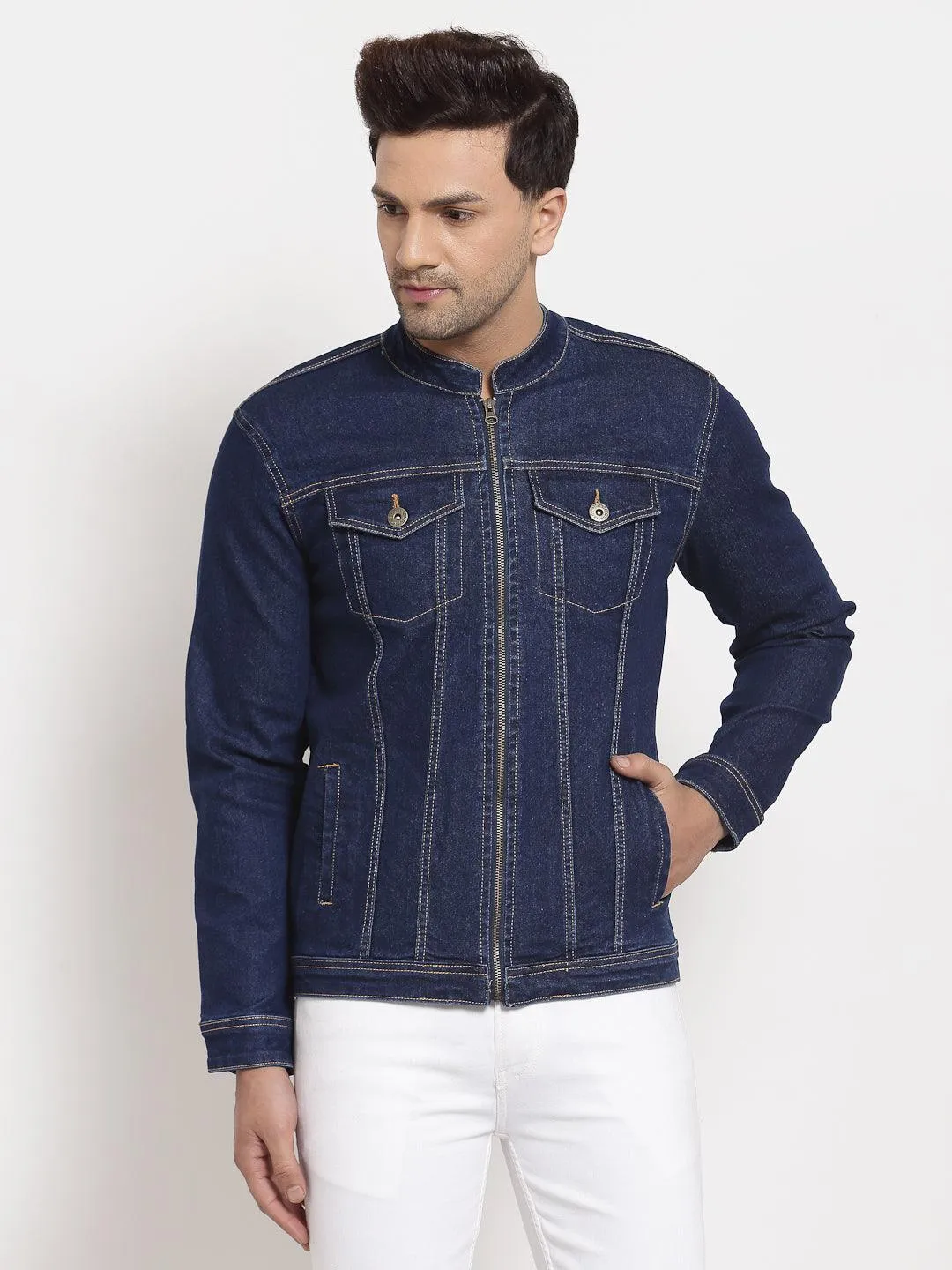 Style Quotient Men Blue Striped Denim Jacket