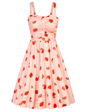 Vintage Strawberry Sweetheart Neck Dress Ruched Bodice Flared A-Line Dress