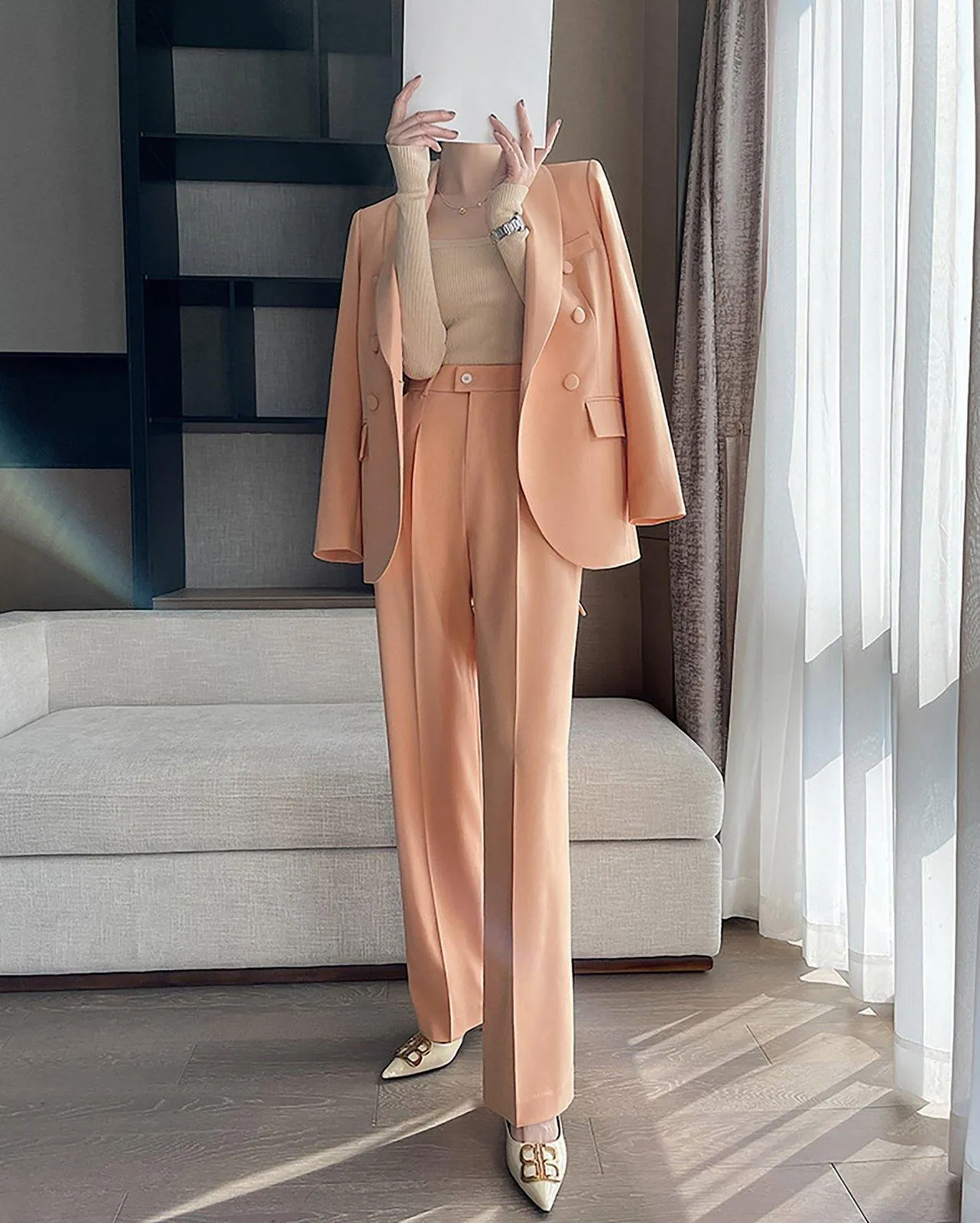 Waist Belt Blazer & Wide Leg Pant Suit Two-Piece Set