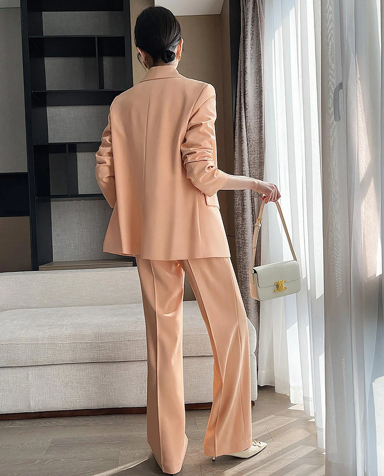 Waist Belt Blazer & Wide Leg Pant Suit Two-Piece Set