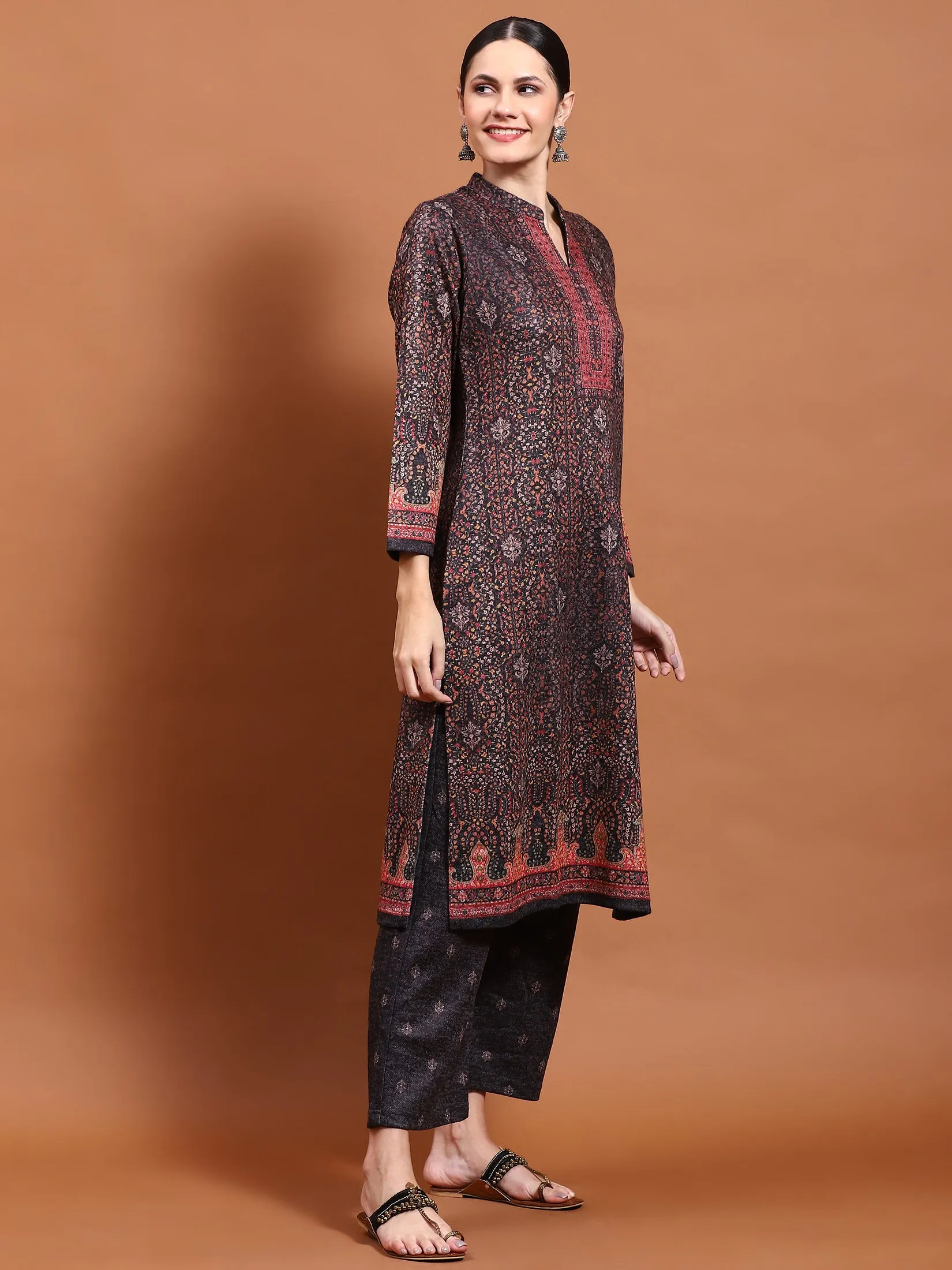 Winter Women Grey Straight Kurta Bottom Dupatta