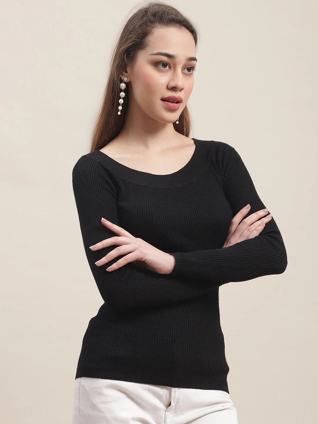 Women Black Boat Neck Top