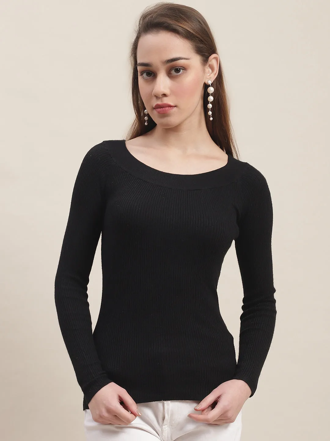 Women Black Boat Neck Top