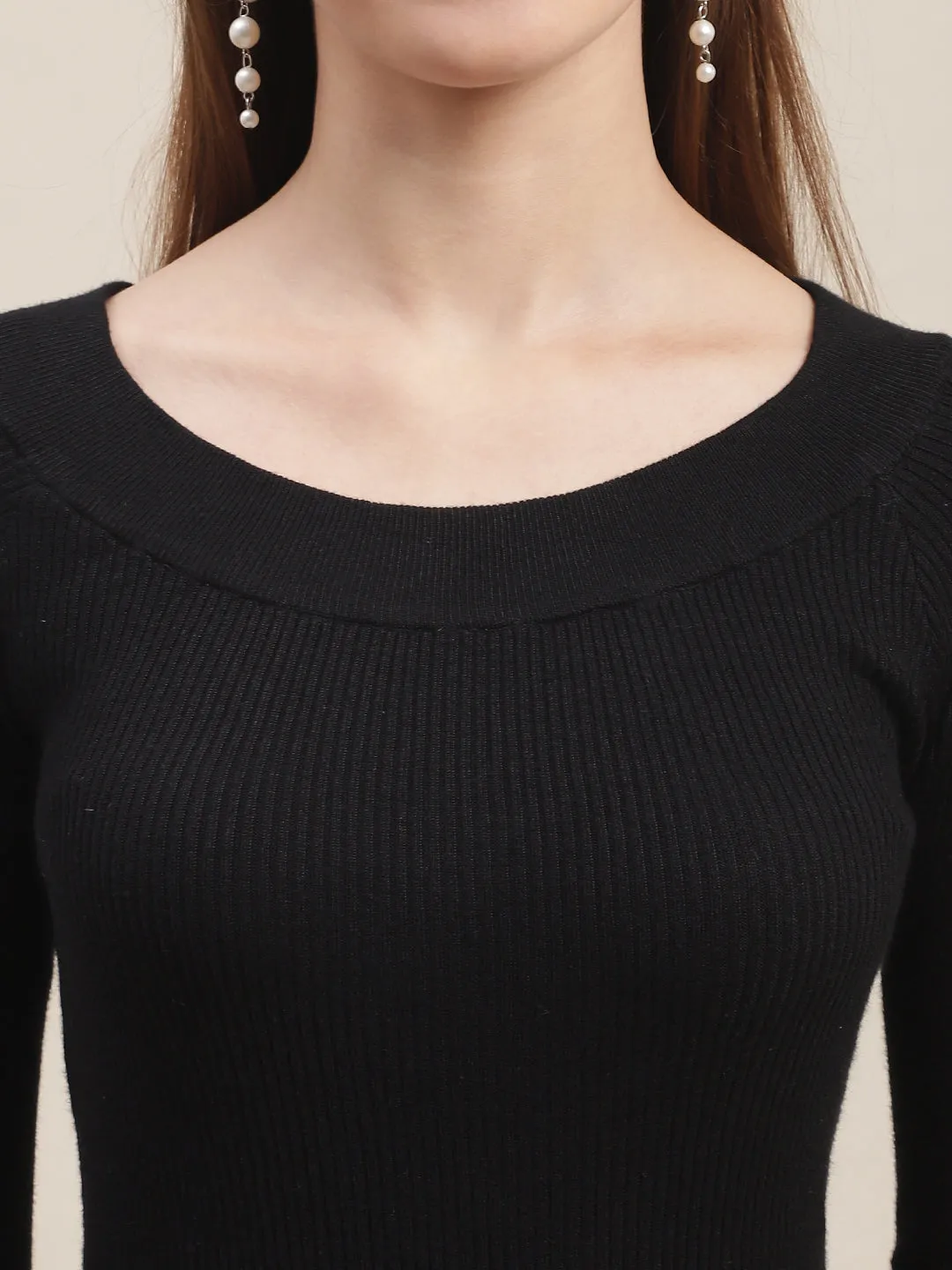 Women Black Boat Neck Top