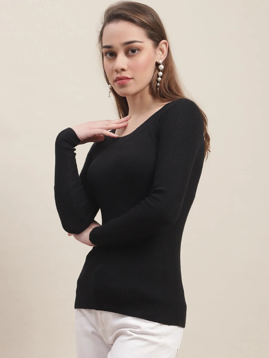 Women Black Boat Neck Top