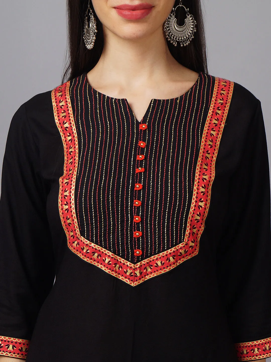 Women Black Ornamental Rayon Kurta