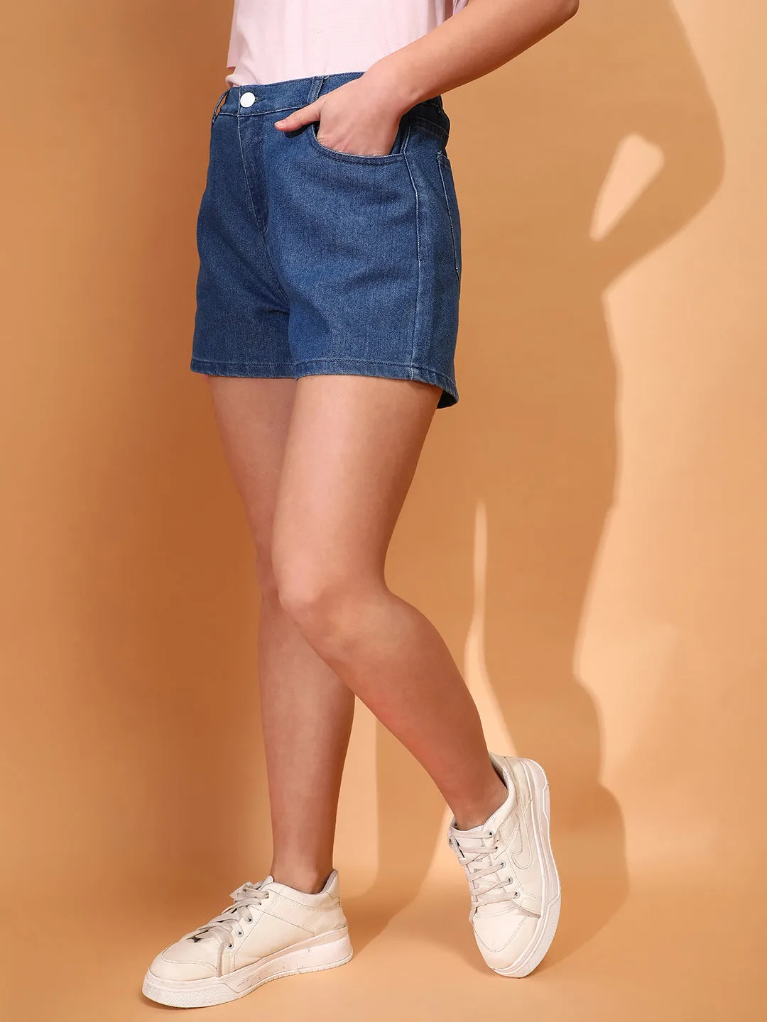 Women Denim solid Blue Shorts