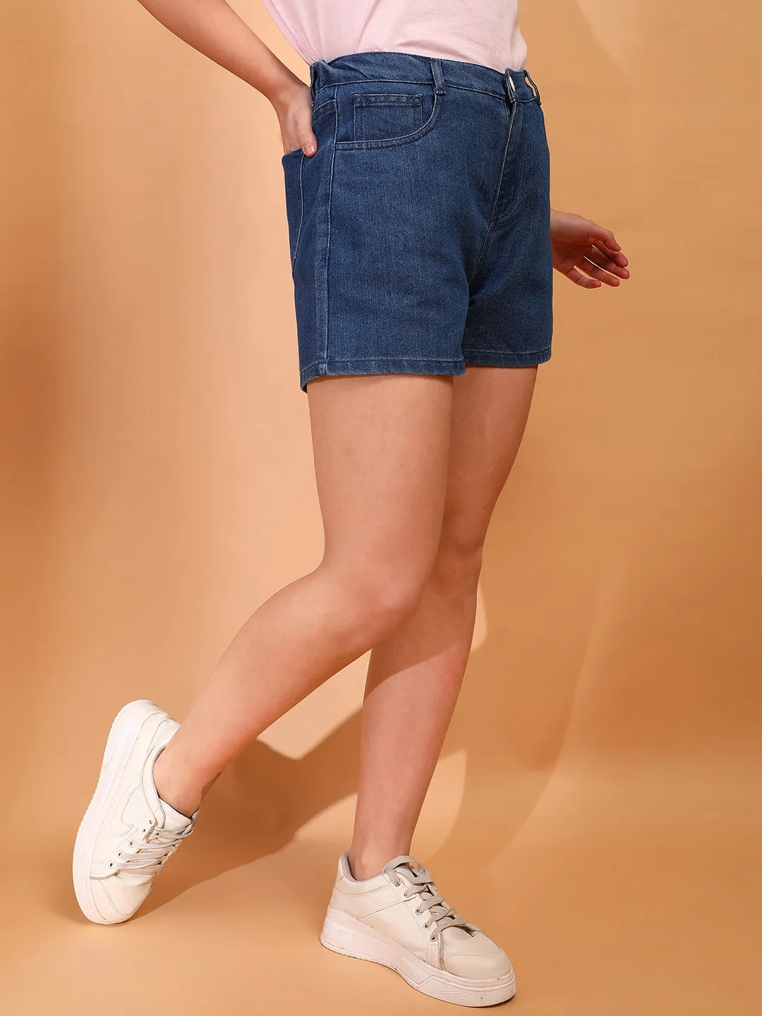 Women Denim solid Blue Shorts