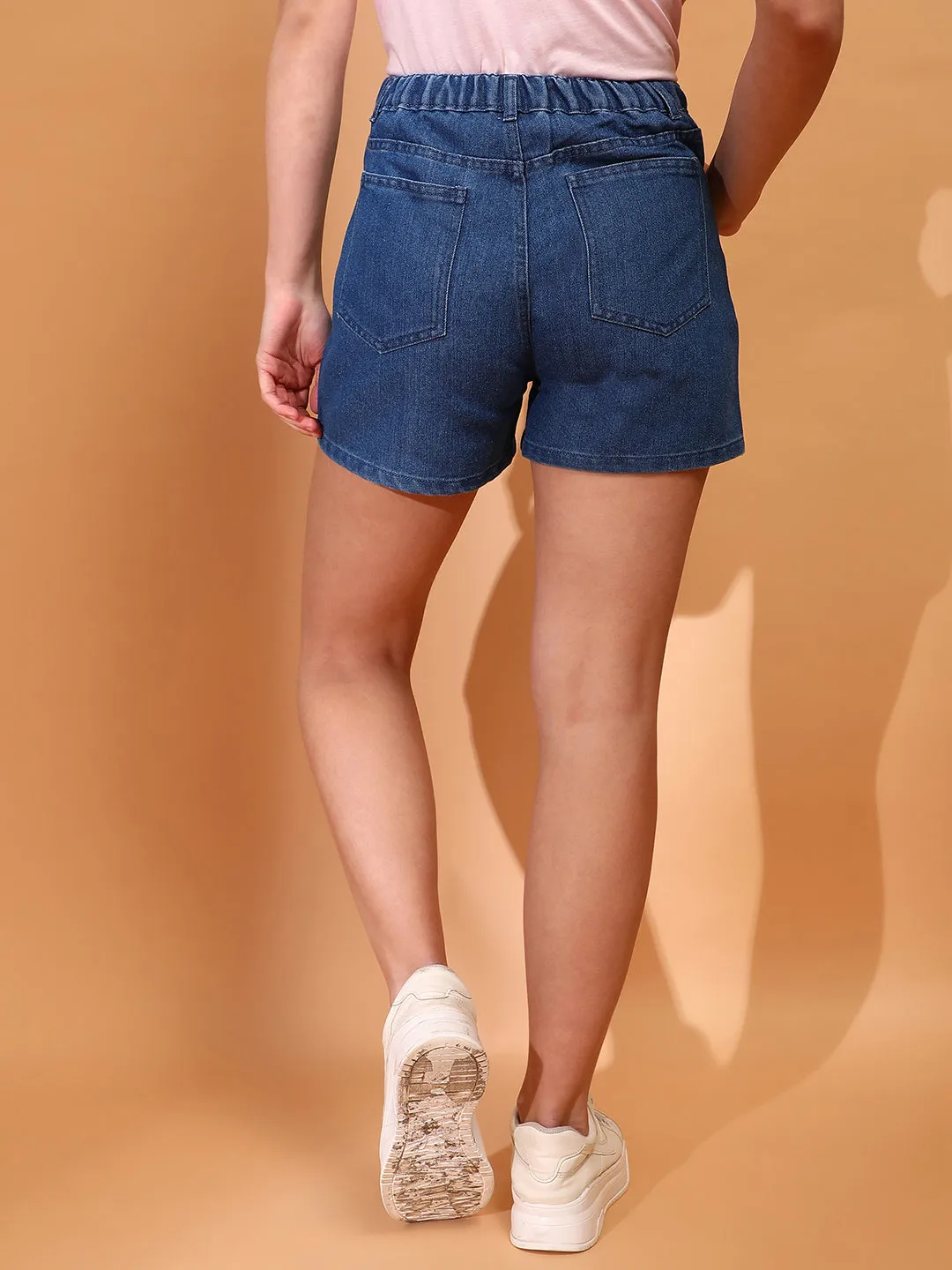 Women Denim solid Blue Shorts