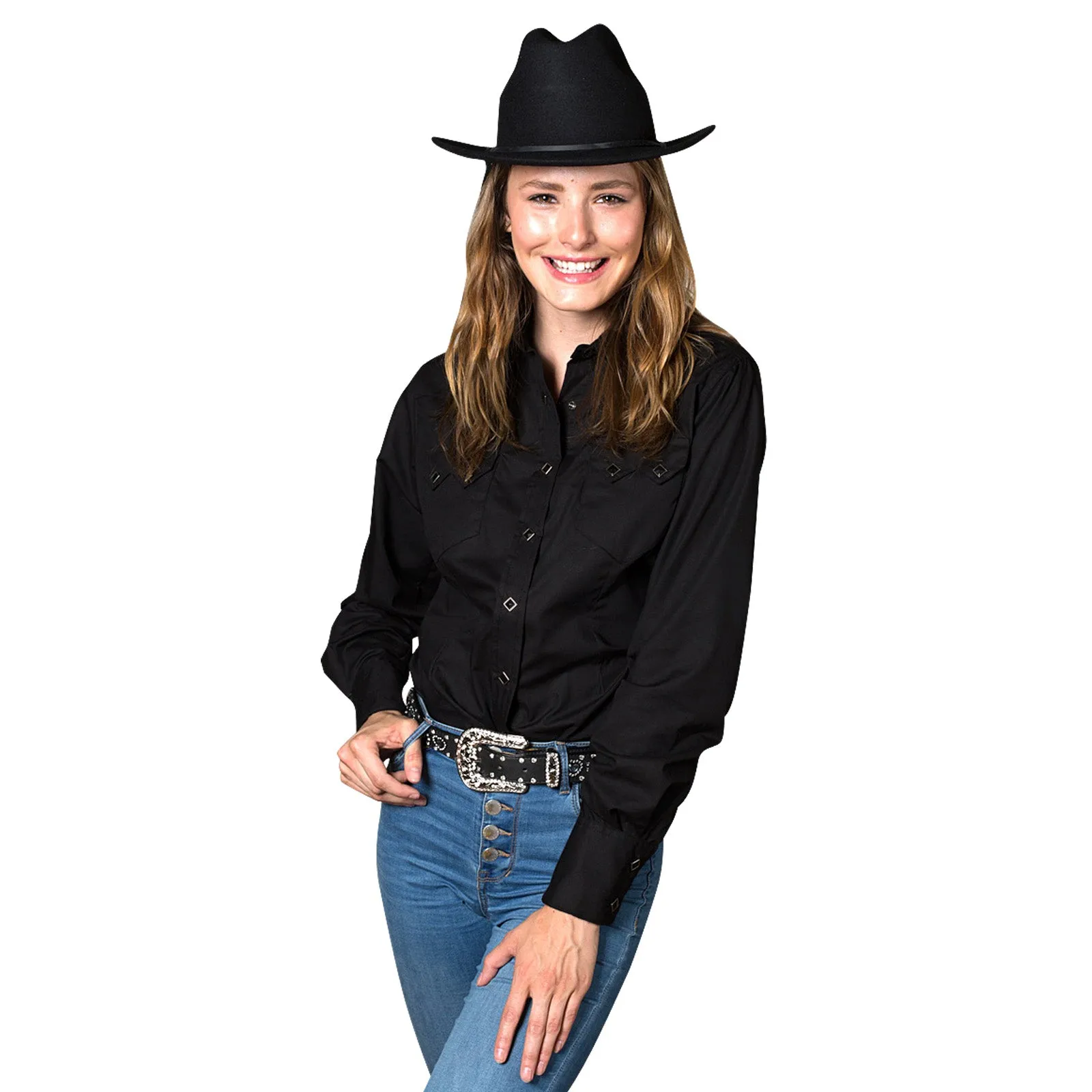 Women's Solid Black Cotton Blend Western Shirt