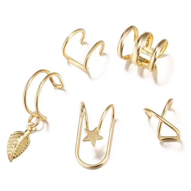 Yobest 5Pcs/Set Gold Leaf Ear Cuff Clip Earrings for women Climbers No Piercing